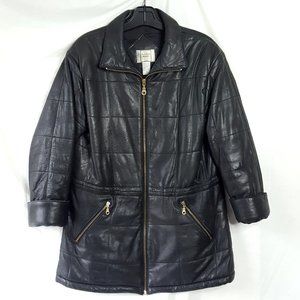 Vintage Boundary Waters Leather Zip Up Over Coat Size Medium Grid Pattern Black